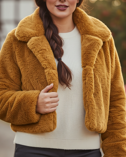 Plüschjacke Damen Kurz: Senfgelbe Kunstfelljacke - Ansicht 4