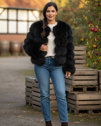 Plüschjacke Damen Schwarz: kurze Kunstfelljacke - Ansicht 1