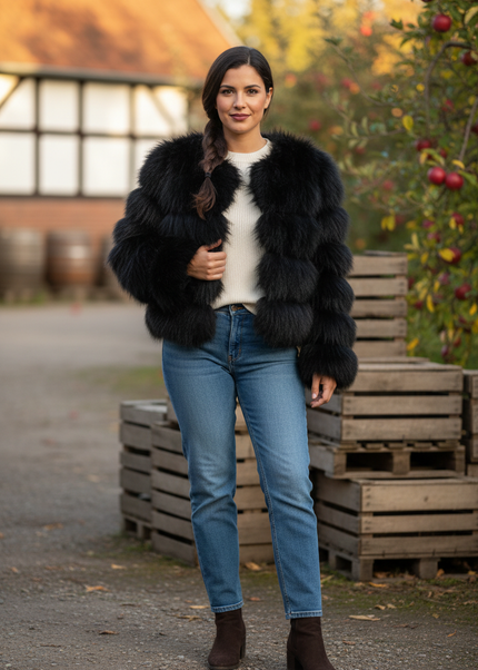 Plüschjacke Damen Schwarz: kurze Kunstfelljacke - Ansicht 1