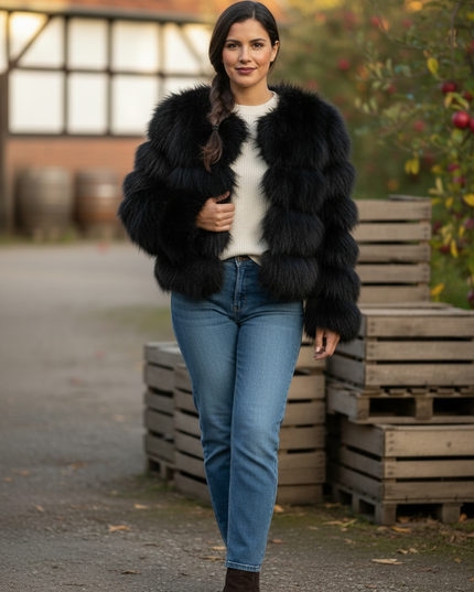 Plüschjacke Damen Schwarz: kurze Kunstfelljacke - Ansicht 3