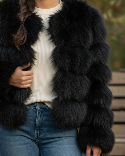 Plüschjacke Damen Schwarz: kurze Kunstfelljacke - Ansicht 4