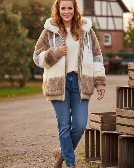 Plüschjacke mit Kapuze - braunes Patchwork in Übergröße - Ansicht 1