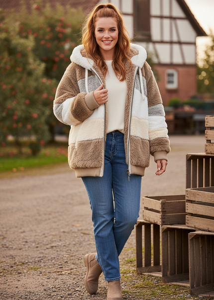 Plüschjacke mit Kapuze - braunes Patchwork in Übergröße - Ansicht 1