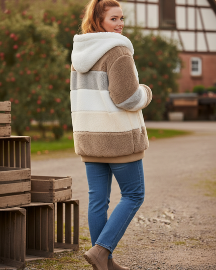Plüschjacke mit Kapuze - braunes Patchwork in Übergröße - Ansicht 2