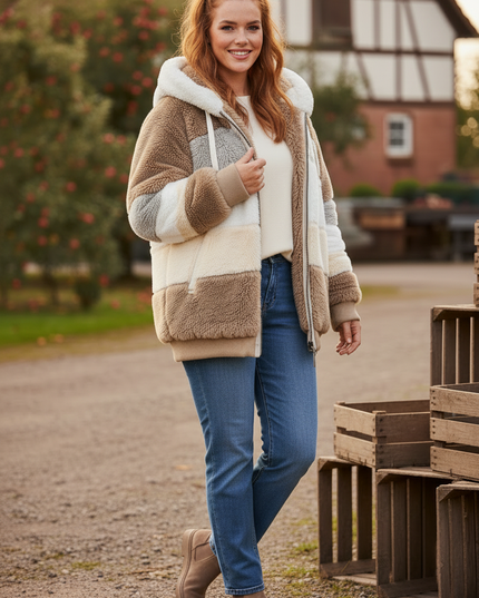 Plüschjacke mit Kapuze - braunes Patchwork in Übergröße - Ansicht 3