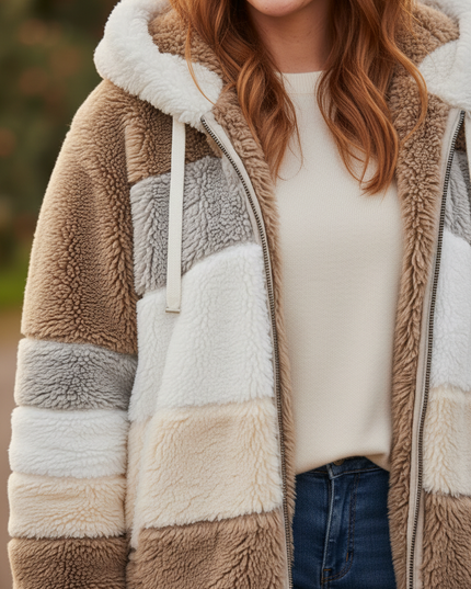 Plüschjacke mit Kapuze - braunes Patchwork in Übergröße - Ansicht 4
