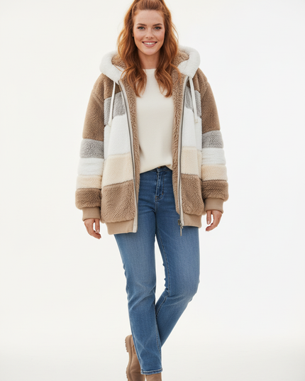 Plüschjacke mit Kapuze - braunes Patchwork in Übergröße - Ansicht 5
