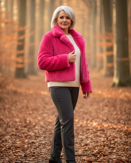 Rosa Plüschjacke - kurze Damenjacke mit Umlegekragen - Ansicht 1