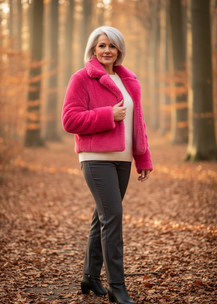 Rosa Plüschjacke - kurze Damenjacke mit Umlegekragen - Ansicht 1