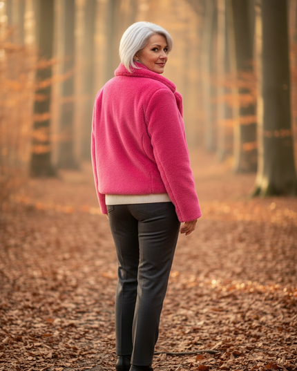 Rosa Plüschjacke - kurze Damenjacke mit Umlegekragen - Ansicht 2
