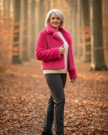 Rosa Plüschjacke - kurze Damenjacke mit Umlegekragen - Ansicht 3