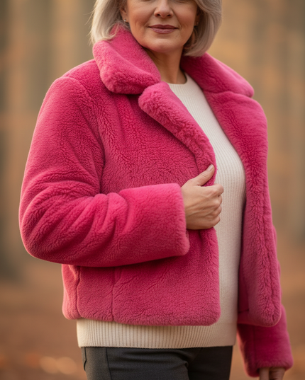 Rosa Plüschjacke - kurze Damenjacke mit Umlegekragen - Ansicht 4