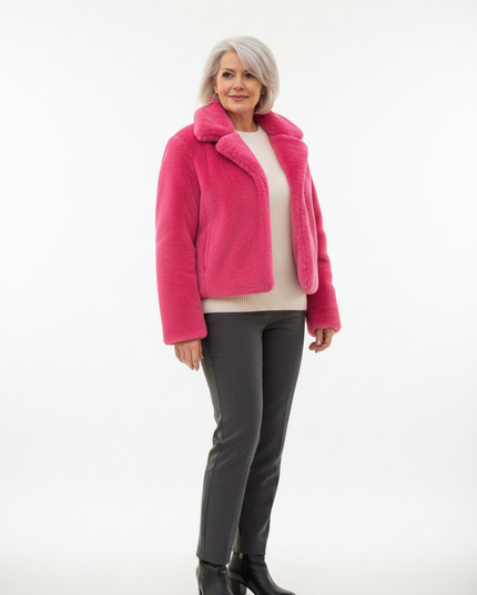 Rosa Plüschjacke - kurze Damenjacke mit Umlegekragen - Ansicht 5