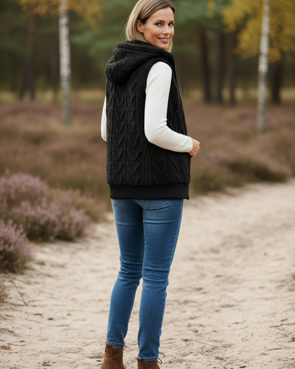 Schwarze Teddy Weste Damen | Plüsch mit Zopfmuster - Ansicht 2