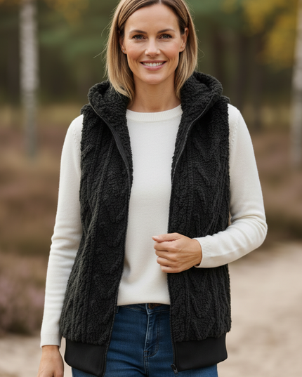 Schwarze Teddy Weste Damen | Plüsch mit Zopfmuster - Ansicht 4