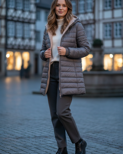 Steppjacke mit Teddyfell in Grau mit Kapuze - Ansicht 1