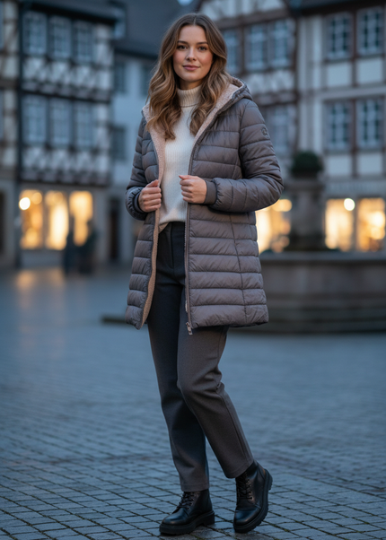 Steppjacke mit Teddyfell in Grau mit Kapuze - Ansicht 1