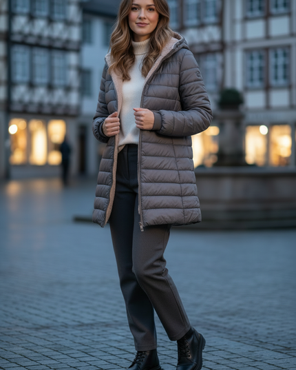 Steppjacke mit Teddyfell in Grau mit Kapuze - Ansicht 3
