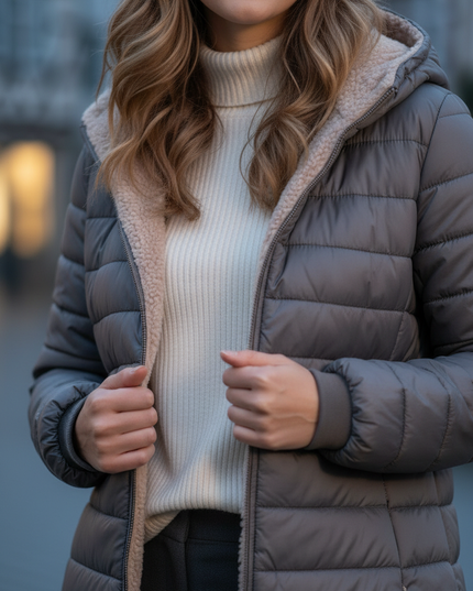 Steppjacke mit Teddyfell in Grau mit Kapuze - Ansicht 4