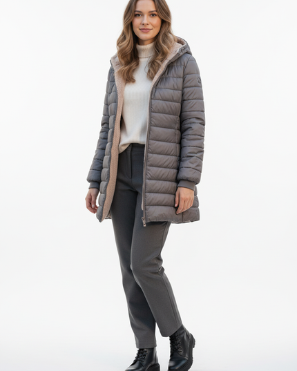 Steppjacke mit Teddyfell in Grau mit Kapuze - Ansicht 5