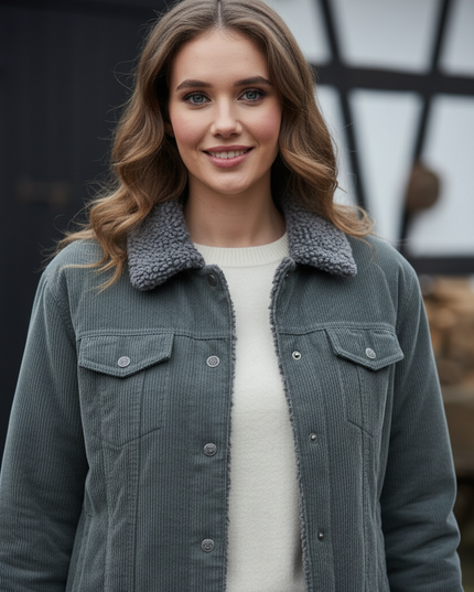 Teddy cordjacke Damen grau mit Teddykragen - Ansicht 4
