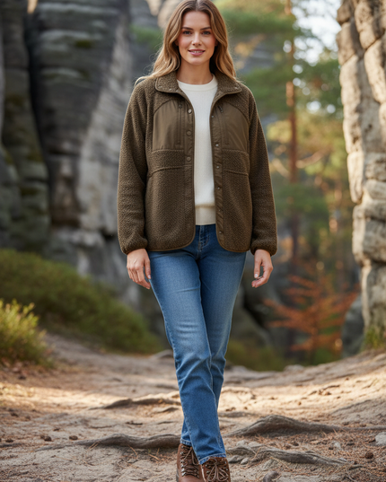 Teddy Fleece Jacke Braun: warme Sherpa-Jacke für Damen - Ansicht 1