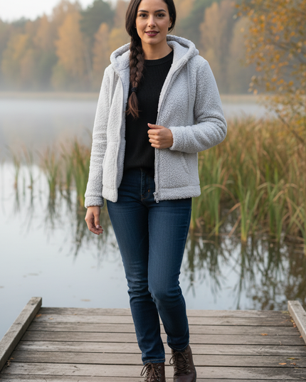 Teddy Fleece Jacke Damen Grau mit Kapuze - Ansicht 1