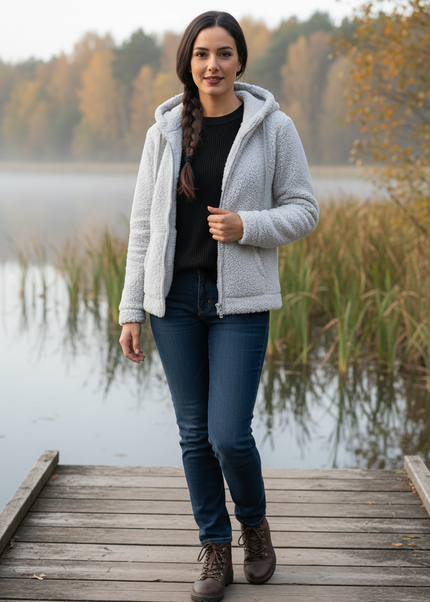Teddy Fleece Jacke Damen Grau mit Kapuze - Ansicht 1