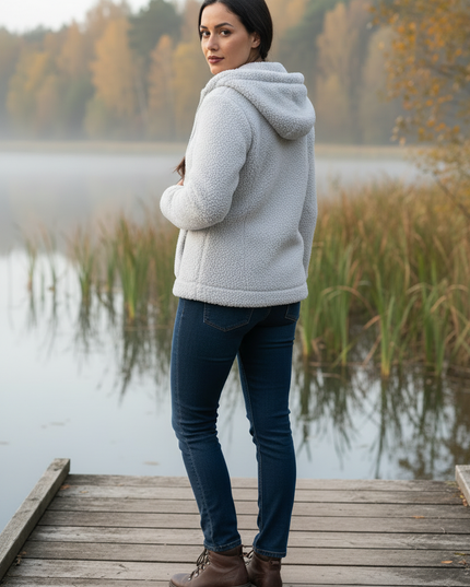 Teddy Fleece Jacke Damen Grau mit Kapuze - Ansicht 2