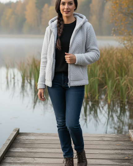 Teddy Fleece Jacke Damen Grau mit Kapuze - Ansicht 3