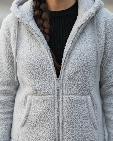 Teddy Fleece Jacke Damen Grau mit Kapuze - Ansicht 4