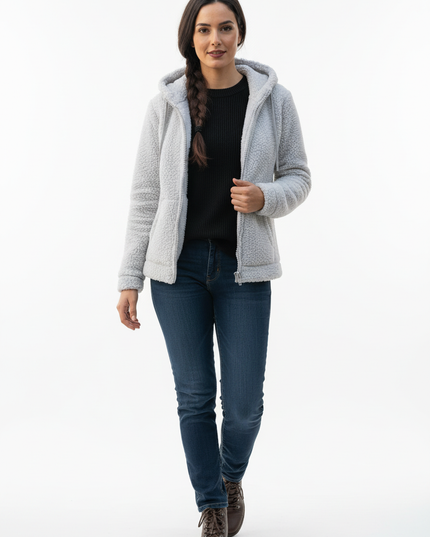 Teddy Fleece Jacke Damen Grau mit Kapuze - Ansicht 5
