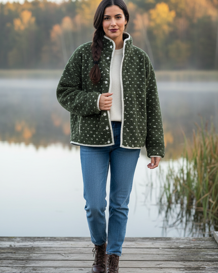 Teddy Fleece Jacke Damen Oversize - Olivgrün mit Herzmuster - Ansicht 1