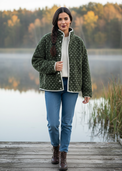 Teddy Fleece Jacke Damen Oversize - Olivgrün mit Herzmuster - Ansicht 1