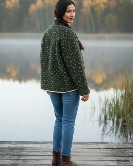 Teddy Fleece Jacke Damen Oversize - Olivgrün mit Herzmuster - Ansicht 2