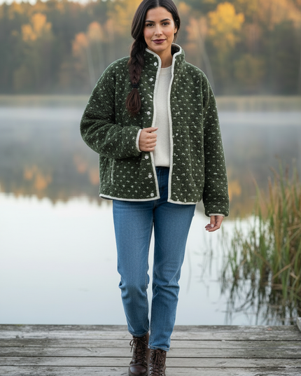 Teddy Fleece Jacke Damen Oversize - Olivgrün mit Herzmuster - Ansicht 3