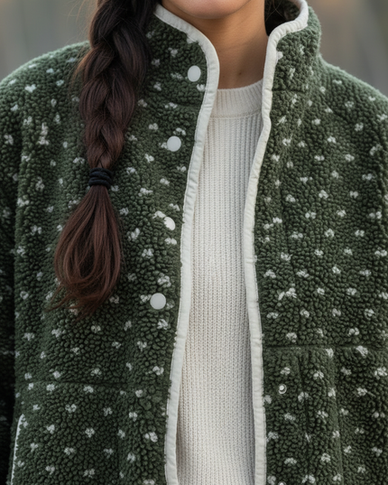 Teddy Fleece Jacke Damen Oversize - Olivgrün mit Herzmuster - Ansicht 4