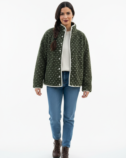 Teddy Fleece Jacke Damen Oversize - Olivgrün mit Herzmuster - Ansicht 5