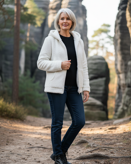 Teddy Fleece Jacke Weiß mit Kapuze und Reißverschluss - Ansicht 1
