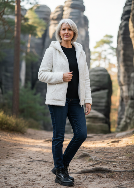 Teddy Fleece Jacke Weiß mit Kapuze und Reißverschluss - Ansicht 1