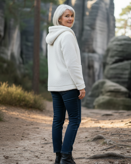 Teddy Fleece Jacke Weiß mit Kapuze und Reißverschluss - Ansicht 2