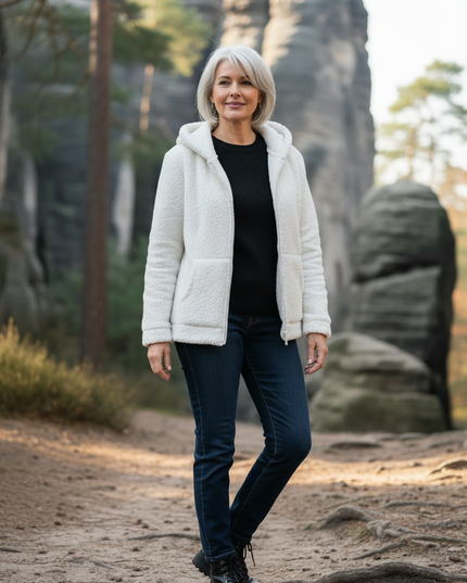 Teddy Fleece Jacke Weiß mit Kapuze und Reißverschluss - Ansicht 3