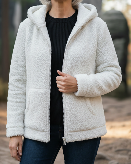 Teddy Fleece Jacke Weiß mit Kapuze und Reißverschluss - Ansicht 4