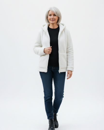 Teddy Fleece Jacke Weiß mit Kapuze und Reißverschluss - Ansicht 5