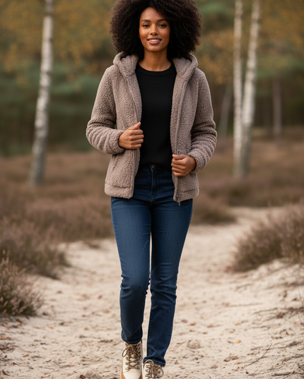 Teddy Fleecejacke Damen mit Kapuze in Taupe - Ansicht 1
