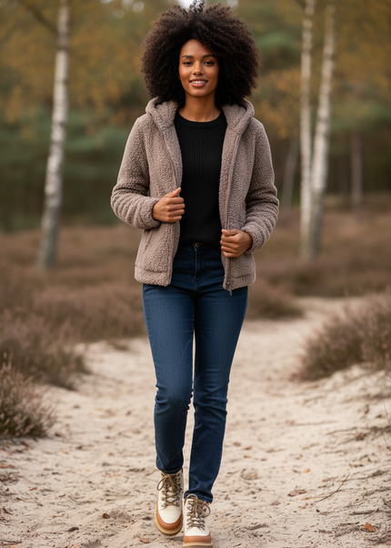 Teddy Fleecejacke Damen mit Kapuze in Taupe - Ansicht 1