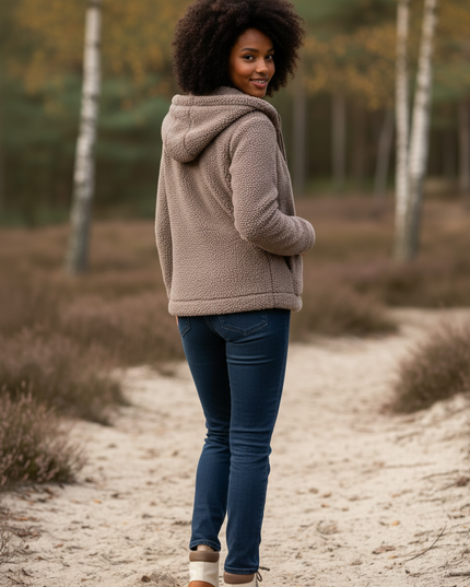 Teddy Fleecejacke Damen mit Kapuze in Taupe - Ansicht 2