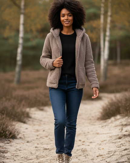 Teddy Fleecejacke Damen mit Kapuze in Taupe - Ansicht 3