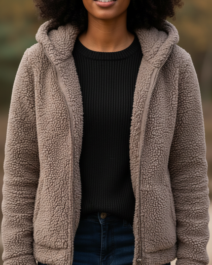 Teddy Fleecejacke Damen mit Kapuze in Taupe - Ansicht 4