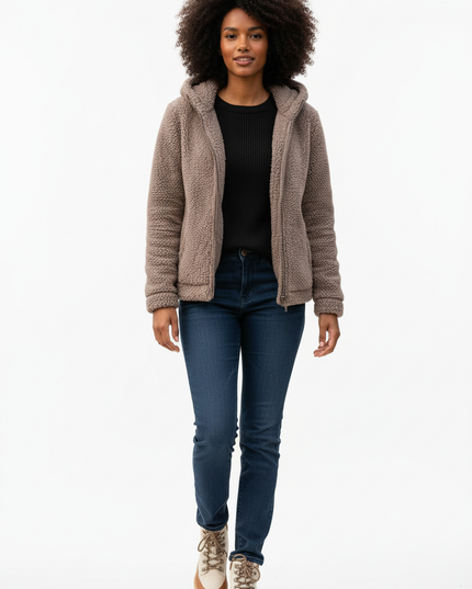 Teddy Fleecejacke Damen mit Kapuze in Taupe - Ansicht 5
